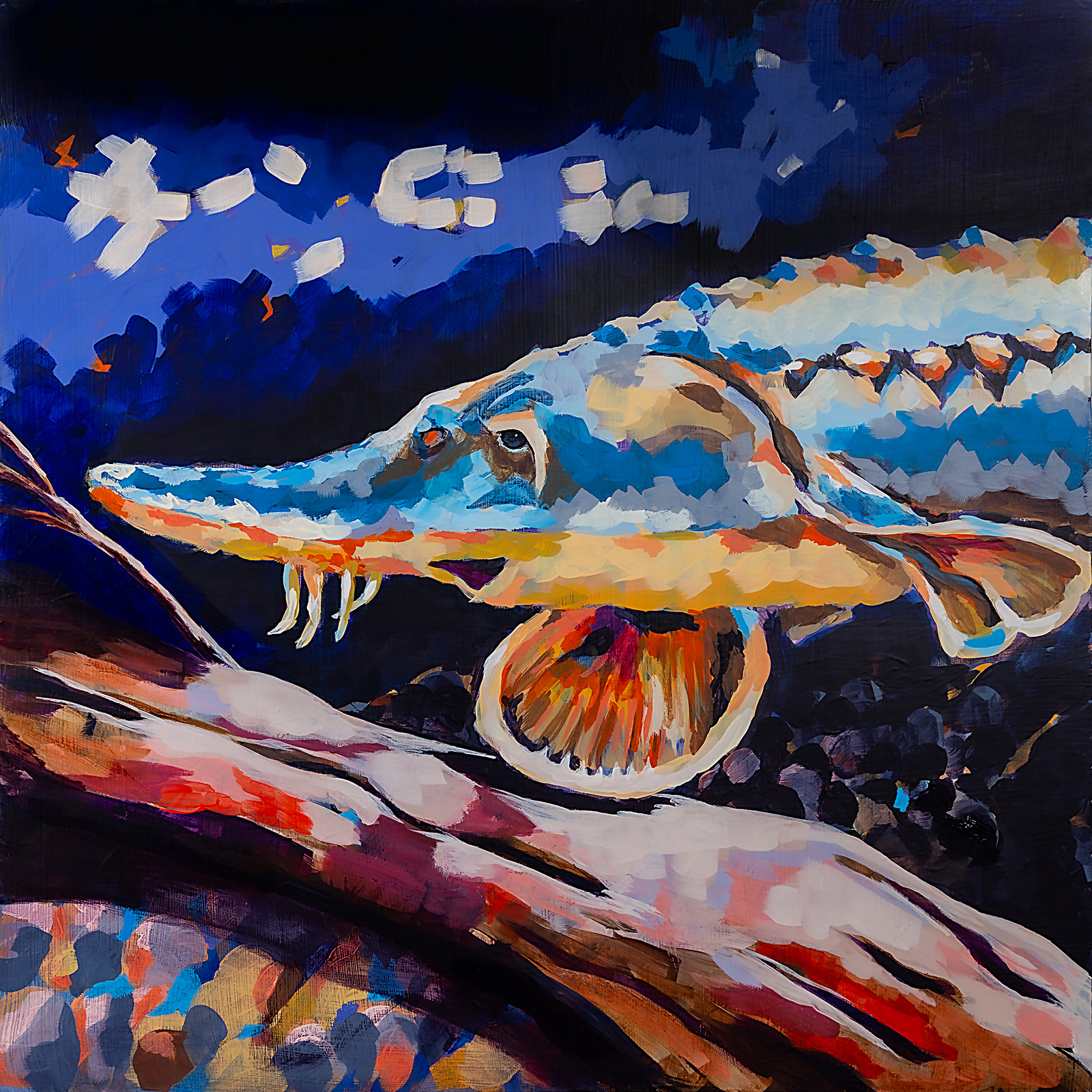 A vibrantly colored painting of the head of an Atlantic sturgeon.